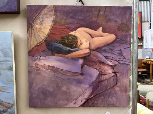 Roz McQuillan, Sleeping Nude with Parasol. Oil painting on canvas