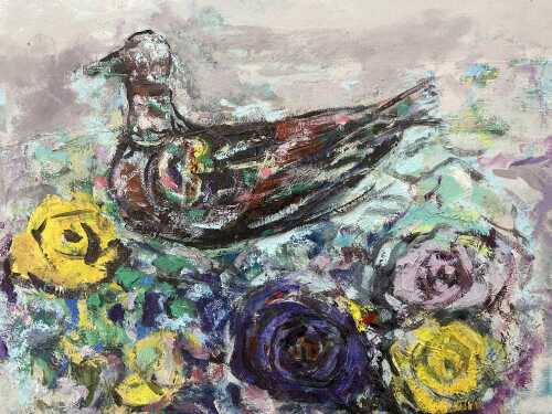 Artist unknown, bird and blooms (in the style of Syd Mather). Mid-century oil painting on canvas