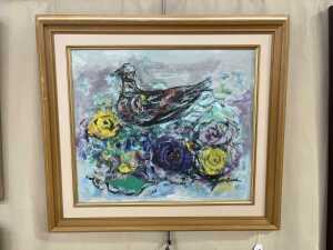 Artist unknown, bird and blooms (in the style of Syd Mather). Mid-century oil painting on canvas - 2
