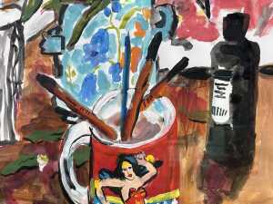 Kate Birrell, still life with Wonder Woman brush pot, 2020. Watercolour and gouache painting on paper - 2