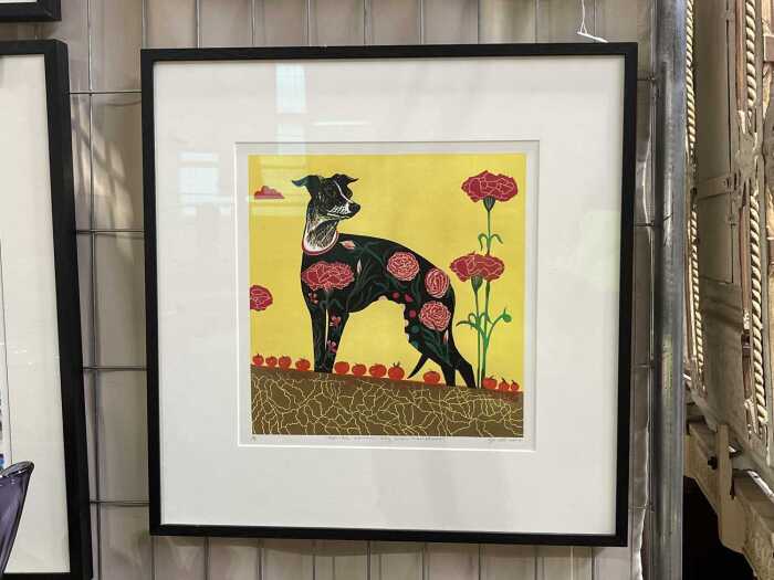 Gwen Scott, Spanish Souvenir Dog with Tomatoes, 2014, 10/10. Linocut print on paper