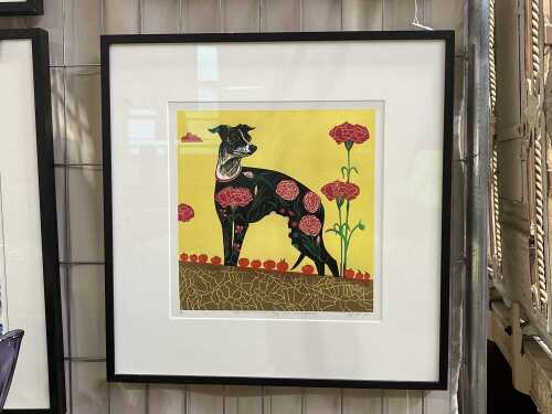 Gwen Scott, Spanish Souvenir Dog with Tomatoes, 2014, 10/10. Linocut print on paper