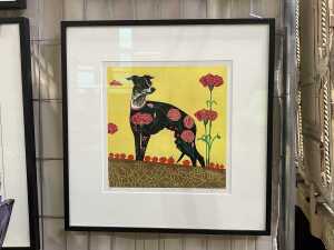 Gwen Scott, Spanish Souvenir Dog with Tomatoes, 2014, 10/10. Linocut print on paper