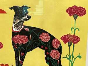 Gwen Scott, Spanish Souvenir Dog with Tomatoes, 2014, 10/10. Linocut print on paper - 2