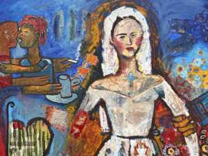 Cate Maddy, untitled bride with wounded arm. Mixed media on canvas
