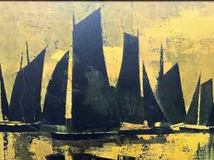 Artist unknown, yachts. Mid-century print on board