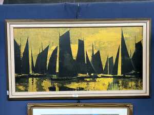 Artist unknown, yachts. Mid-century print on board - 2