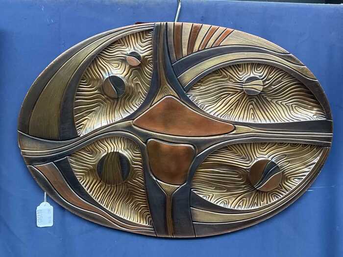 Mid-century Brutalist metal oval wall panel