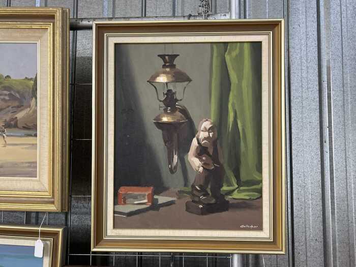 Br. Don Gallagher, still life of figure and kerosene lamp. Oil painting on board