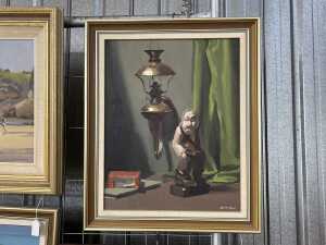 Br. Don Gallagher, still life of figure and kerosene lamp. Oil painting on board