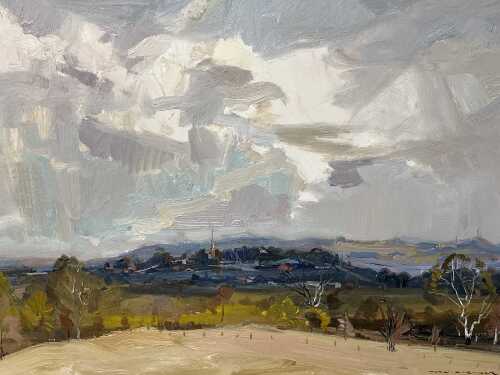 Artist unknown, landscape, c.1982. Oil painting on board