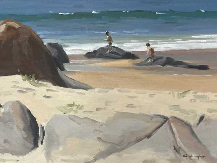 Br. Don Gallagher, beach scene (boys on rocks). Oil painting on board