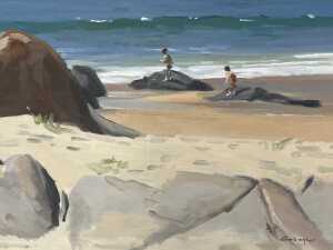Br. Don Gallagher, beach scene (boys on rocks). Oil painting on board