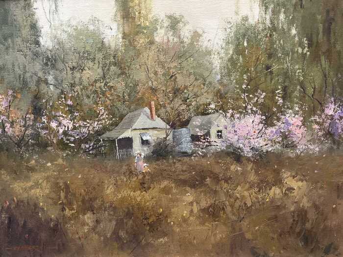 Richard Chamerski (1951-2022), girl in meadow. Oil painting on board