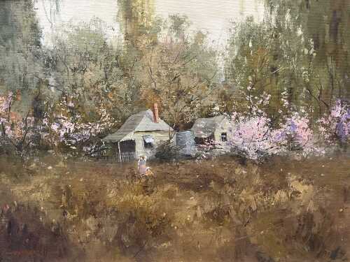 Richard Chamerski (1951-2022), girl in meadow. Oil painting on board