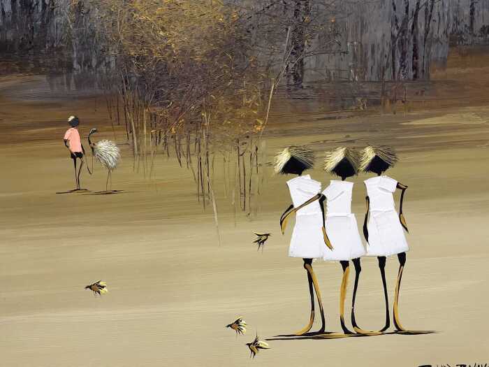 Richard Bogusz (1947-), untitled three girls and boy with emu. Oil painting on board