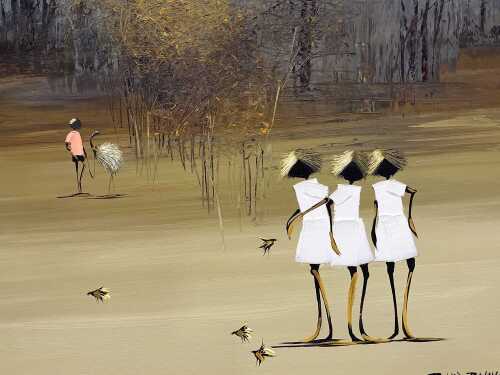 Richard Bogusz (1947-), untitled three girls and boy with emu. Oil painting on board