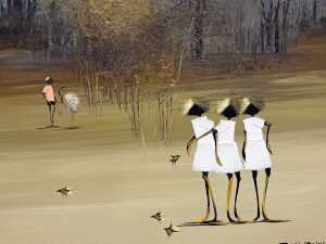 Richard Bogusz (1947-), untitled three girls and boy with emu. Oil painting on board