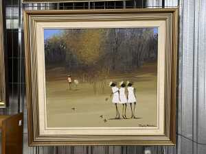 Richard Bogusz (1947-), untitled three girls and boy with emu. Oil painting on board - 2