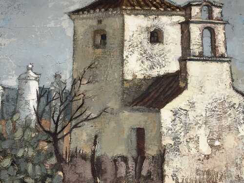 Artist unknown, untitled Mexican Church in landscape. Mid-century impasto painting on canvas