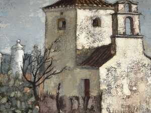 Artist unknown, untitled Mexican Church in landscape. Mid-century impasto painting on canvas