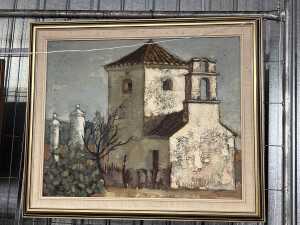 Artist unknown, untitled Mexican Church in landscape. Mid-century impasto painting on canvas - 2
