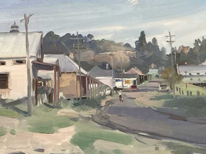 Dermont Hellier (1916-2006), Street Scene Wolumla, NSW. Oil painting on board