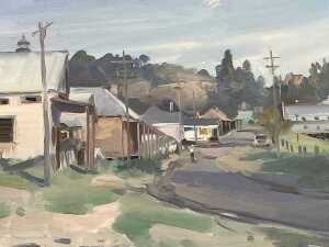 Dermont Hellier (1916-2006), Street Scene Wolumla, NSW. Oil painting on board