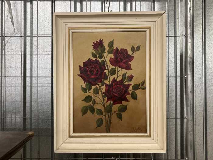 Henk Gerrit Guth (1923-2003), still life of crimson roses. Oil painting on canvas