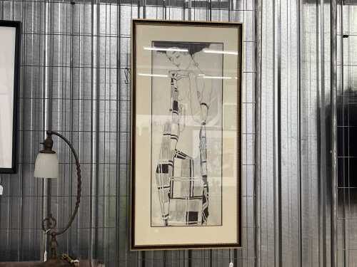 After Egon Schiele's Standing Girl. Black and white print on paper