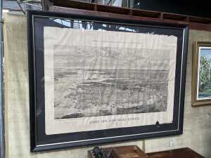 Antique etching on paper of a bird's eye view of Sydney, New South Wales c. 1984
