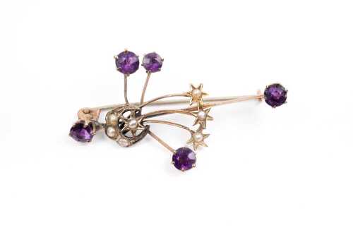 An antique amethyst and seed pearl brooch in 9 carat yellow gold
