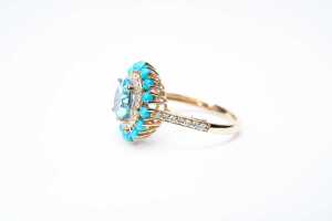A blue topaz, diamond and turquoise ring in 14 carat yellow gold - 3