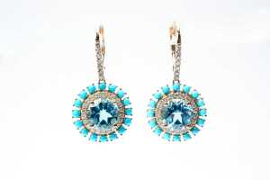 A pair of blue topaz, diamond and turquoise earrings in 14 carat yellow gold