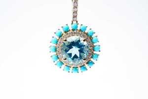 A pair of blue topaz, diamond and turquoise earrings in 14 carat yellow gold - 2