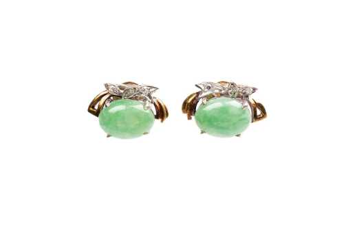 A pair of vintage jade and diamond earrings in 14 carat yellow gold