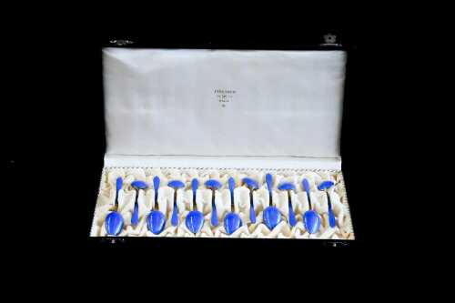 J. Tostrup of Oslo set of 12 guilloch&eacute; enamelled and gilt coffee spoons