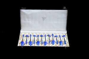 J. Tostrup of Oslo set of 12 guilloch&eacute; enamelled and gilt coffee spoons