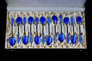 J. Tostrup of Oslo set of 12 guilloch&eacute; enamelled and gilt coffee spoons - 2