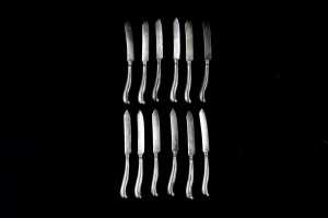 Set of 12 antique Russian 84 zolotnik silver fruit knives, c.1896-1908