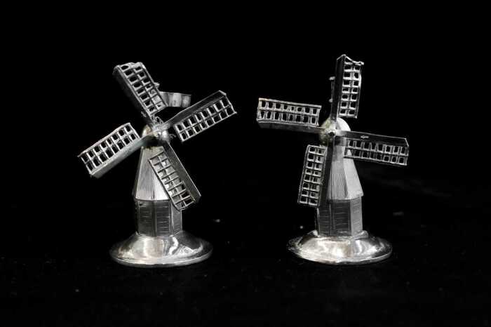 Pair of Dutch 833 silver miniature windmill figures