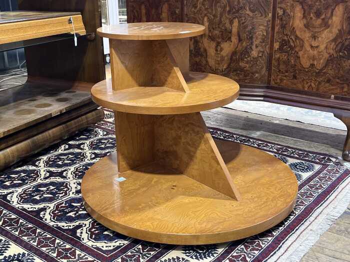 Art Deco style figured elm three tier circular stand