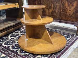 Art Deco style figured elm three tier circular stand