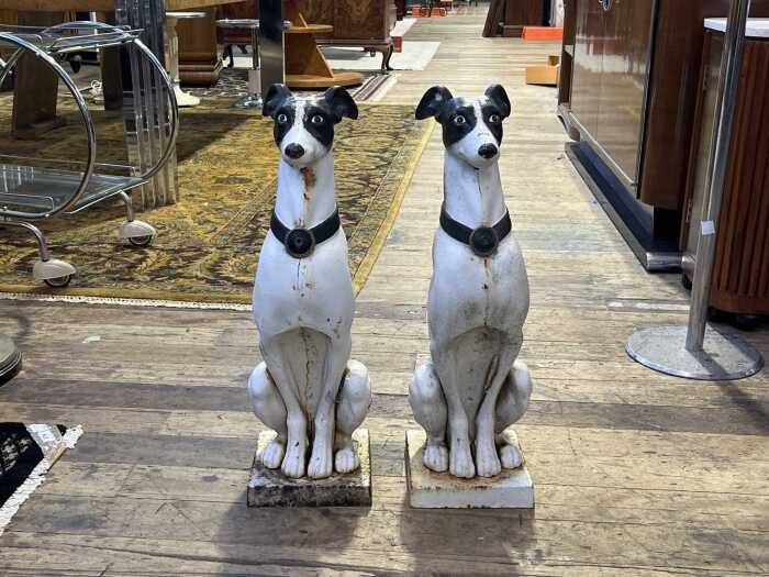 Pair of whippet dog cast iron statues