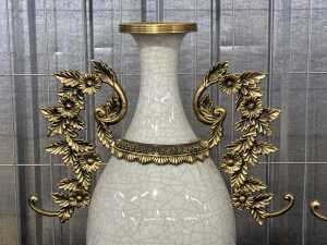 Pair of white crackle-glazed ormolu mounted ceramic urns - 2