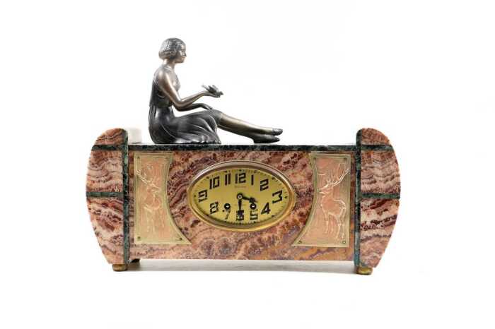French Art Deco marble and spelter mantel clock