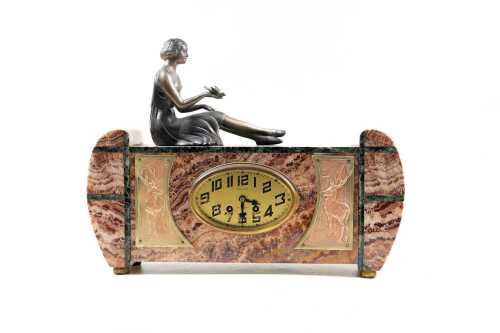 French Art Deco marble and spelter mantel clock