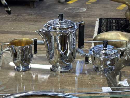 Art Deco chrome-plated and ebonised timber 3-piece tea set