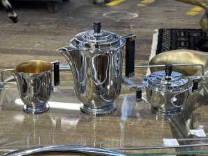 Art Deco chrome-plated and ebonised timber 3-piece tea set