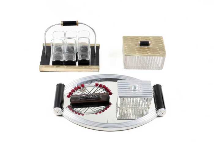 Art Deco and Deco-inspired hostess items in glass, metal and ebonised timber